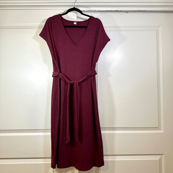 Burgundy Ribbed Knit V-Neck Short Sleeves Tie Waist Midi Dress XL - Picture 1 of 11